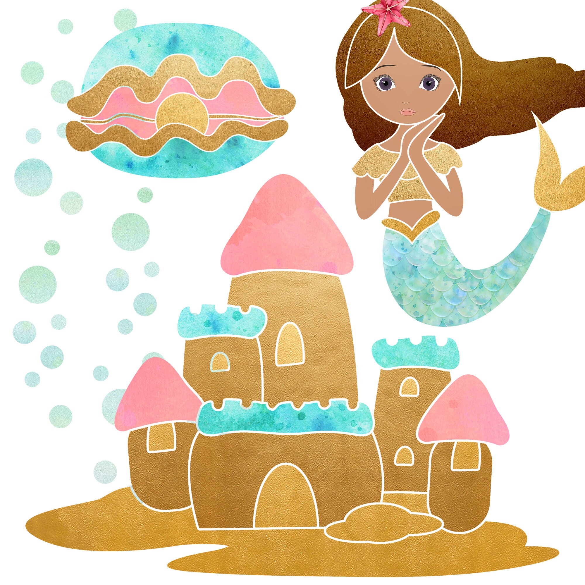 Enchanted Ocean Clipart Set: Mermaids, Seahorse, Coral (20 PNG Images ...