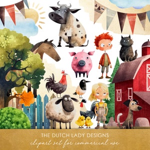 Ensemble de cliparts ferme et ferme - graphismes drôles de style dessin animé - illustrations pour enfants - animaux de la ferme mignons - téléchargement immédiat - 25 images numériques