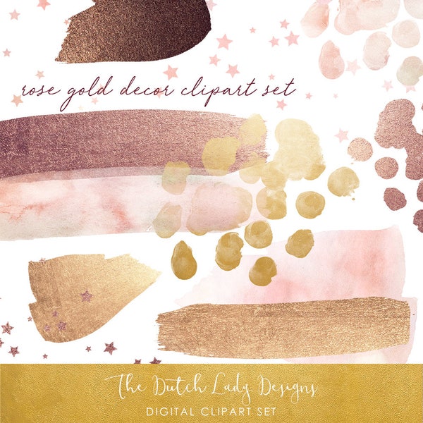 Watercolor & Glitter Clipart Set - Smears, Stars and Dots in Rose Gold Tones - INSTANT DOWNLOAD - 20 .PNG Files