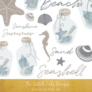 Sea & Beach Clipart Set - Botellas de vidrio, conchas marinas, caballito de mar, estrella de mar, arena - DESCARGA INSTANTÁNEA - 26 .PNG Archivos