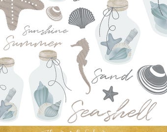 Sea & Beach Clipart Set - Glass Bottles, Seashells, Seahorse, Starfish, Sand - INSTANT DOWNLOAD - 26 .PNG Files