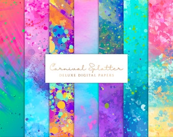 Digital Scrapbook Paper Set - Printable Backgrounds - Carnival Splatters - Rainbow - Happy Holi - Art - 7 .JPEG Files - INSTANT DOWNLOAD