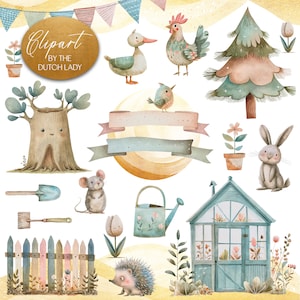 Nordic Spring Garden Clipart - Illustrazioni per bambini ad acquerello - Grafica carina per giardinaggio - Scandinavia - DOWNLOAD immediato - 25 immagini digitali