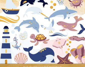 Sea Life Clipart Set - Flat Clipart Grafiken - Nautische Bilder - Aquarell - Wal - Süße Meerestiere - SOFORT DOWNLOAD - 31 PNG Bilder