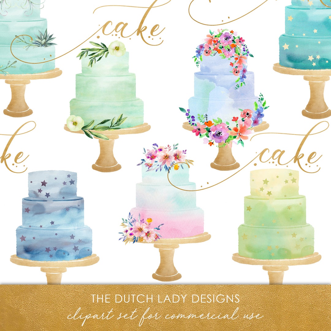 Watercolor Wedding Cake Clipart in Aqua, Green & Blue Waterpaint