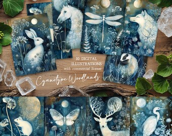 Cyanotype Woodland Animal Art Prints: Mystical Postcard Set (Digital Download)