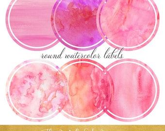 Circle Shaped Label Clipart Set - Round Labels in Pink Watercolor Tones - INSTANT DOWNLOAD - 18 .PNG Files