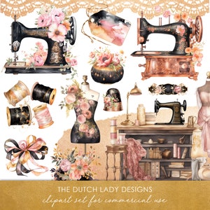 May include: A vintage sewing machine with floral accents, spools of thread, a dress form, and a bookshelf filled with books. The image has a gold and pink colour scheme and a vintage aesthetic.