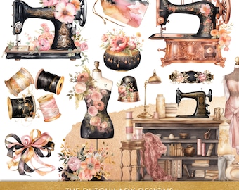 Watercolor Seamstress Atelier Clipart - Vintage Sewing Graphics - Floral Sewing Machines - Mannequins - INSTANT DOWNLOAD - 25 Digital Images