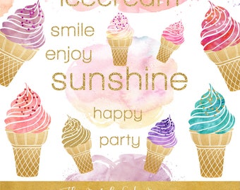 Icecream Clipart Set - Summer Images In Gold & Watercolor - INSTANT DOWNLOAD - 25 .PNG Images