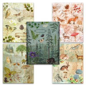 May include: A collection of five decorative journal covers with a vintage aesthetic. Each cover features a different nature-themed design, including owls, butterflies, foxes, deer, and forest scenes, with a muted color palette and aged paper textures.