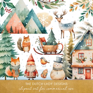 Natale e paesaggio invernale Clipart Set - Grafica carina - Illustrazioni per bambini - Toni di colore Boho - DOWNLOAD immediato - 25 immagini digitali