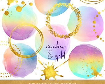 Rainbow Watercolor Clipart: Gold Circle Images (Digital Download)