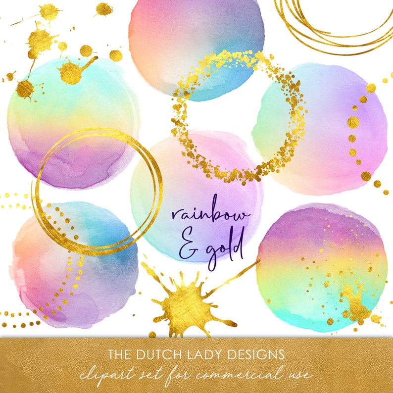 INSTANT DOWNLOAD 22 .PNG Images Logo Art Rainbow Watercolor Dot Clipart Set Ink Splatter in Gold Golden Circle Images
