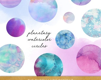 Watercolor Planetary Circle Clipart: Blue & Purple Textures (PNG Files)