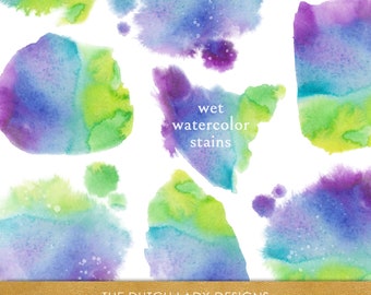 Wet Watercolor Stain Clipart Set - In Blue, Purple & Green Tones - Gradient Smears - Spreading Ink Stains - INSTANT DOWNLOAD - 10 .PNG Files