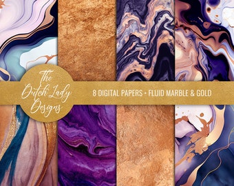 Digital Scrapbook Paper Set - Printable Backgrounds - Fluid Paint Marble Swirl Textures - Purple & Copper - 8 .JPEG Files - INSTANT DOWNLOAD