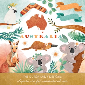 Australia Clipart Set - Cute Animals - Aquarelle - Aussie Friends - Eucalyptus - Koala - Kangourou - Feuille - TÉLÉCHARGEMENT INSTANTANÉ - 20 .PNG Fichiers