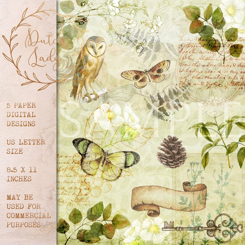 May include: Digital paper design with a vintage aesthetic. The design features an owl, butterflies, flowers, and botanical elements. The text on the left side reads "Dutch Lady", "5 Paper Digital Designs", "US Letter Size", and "8.5 X 11 inches".