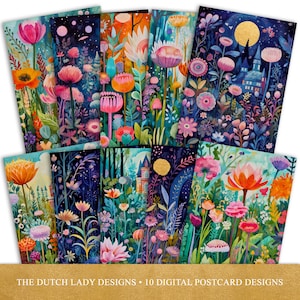Whimsical Gardens Postkarte und Kunst-Set, druckbare digitale Designs, Verzauberte, bunte Blumen bei Mondlicht, 10 JPEG-Dateien, SOFORT-DOWNLOAD