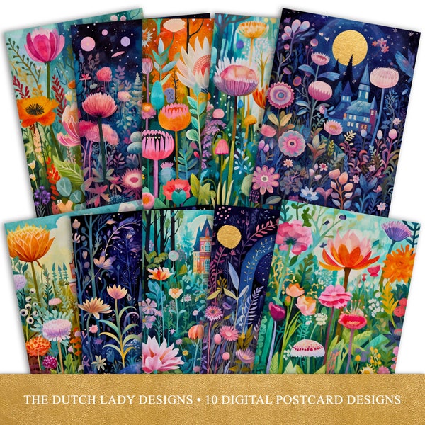 Whimsical Gardens Postcard and Poster Set - Printable Digital Designs - Enchanted - Flowers By Moonlight - 10 .JPEG Files - INSTANT DOWNLOAD