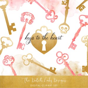 Vintage Key &Keyhole Clipart Set - Gouden en Roze Aquarel Sleutels, Sleutelgaten en Verfvlekken - INSTANT DOWNLOAD - 22 .PNG Files