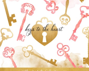 Watercolor Key Clipart Set: Golden & Pink Keys, Keyholes (INSTANT DOWNLOAD)