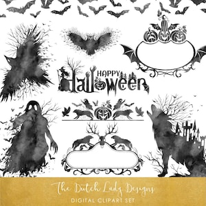 Creepy Halloween Clipart - Zwarte Aquarel Afbeeldingen - Spookachtig - Heks - Raaf - Uil - Pompoen - Vleermuis - Wolf - INSTANT DOWNLOAD - 20 .PNG Afbeeldingen