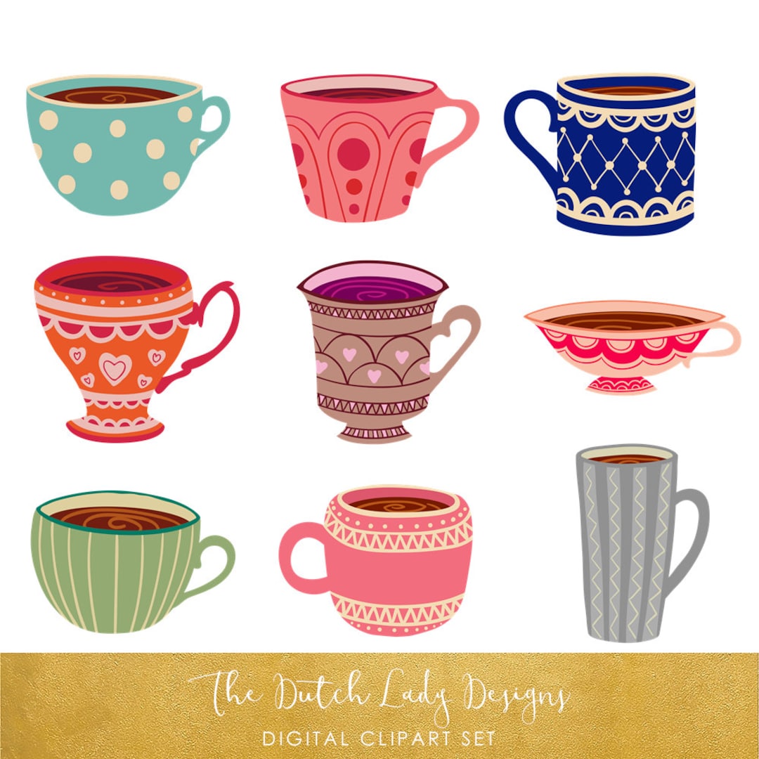 Tea Cup Clipart Set - Vintage Tea and Coffee Cups - Teacup - Flat ...