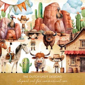 Cute Cowboy Clipart - Illustrazioni per bambini ad acquerello - Grafica divertente western e deserto - Animali della prateria - DOWNLOAD immediato - 25 file PNG