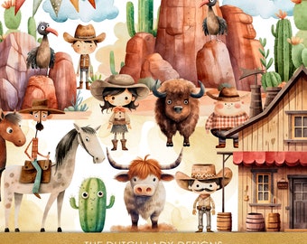 Cute Cowboy Clipart - Watercolor Kids Illustrations - Funny Western & Desert Graphics - Prairie Animals - INSTANT DOWNLOAD - 25 PNG Files