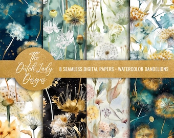 Watercolor Dandelion Digital Backgrounds - Printable Scrapbook Papers - Seamless Flower Patterns - Floral - INSTANT DOWNLOAD - 8 JPEG Files