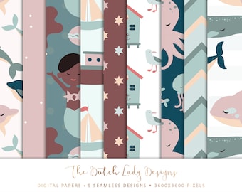 Nautical Digital Paper Set: Seamless Ocean Patterns (9 JPEG Files) (Digital Download)