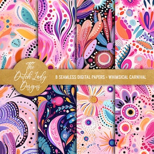 Fundos digitais de carnaval sem costura - papel de álbum de recortes para impressão - padrões festivos abstratos caprichosos - DOWNLOAD INSTANTÂNEO - 8 arquivos JPEG
