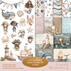 Ocean Pirates Clipart & Craft Papers Kit, schattige zeedieren, nautische kinderillustraties, naadloze patronen, textuurbladen, INSTANT DOWNLOAD