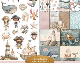 Ocean Pirates Clipart & Paper Kit: Nautical Kids Illustrations (Instant Download)