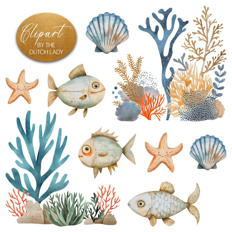 Cute watercolor beige ocean clipart set. Kids illustration style digital images with a sea and ocean theme in muted colors. Animals, mermaid, waterplants, coral, sailboats, waves, seashell. 25 PNG files for personal & commercial creative projects.