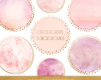 Rose Gold Circle Clipart: Pink Watercolor Borders (PNG, Digital Download)