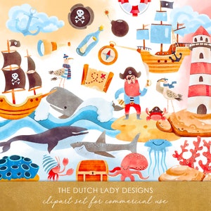 Ozean Piraten Clipart Set - Süßes Aquarell - Meerestier - Wal - Nautische Grafiken - Leuchtturm - Schiff - SOFORT DOWNLOAD - 35 .PNG Bilder