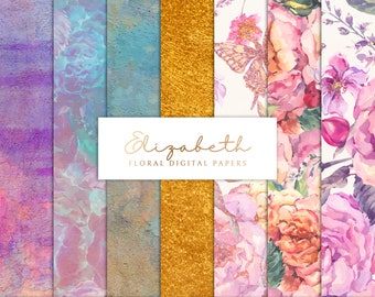 Digital Scrapbook Paper Set - Printable Papers - Vintage Floral Background Texture - Blue, Purple, Copper - 7 .JPEG Files - INSTANT DOWNLOAD