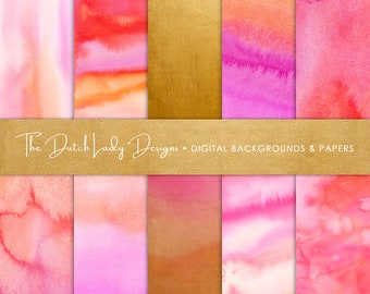 Digital Scrapbook Paper - Pink Orange Ombres Set - Watercolor Texture Backgrounds - Abstract Art Papers - 10 JPEG Files - INSTANT DOWNLOAD