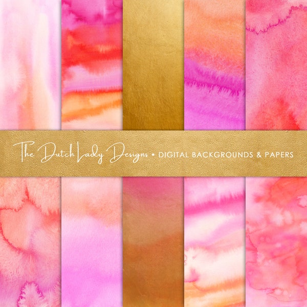 Digital Scrapbook Paper - Pink Orange Ombres Set - Watercolor Texture Backgrounds - Abstract Art Papers - 10 JPEG Files - INSTANT DOWNLOAD