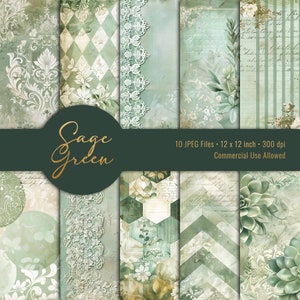 Sage Green, DIGITAL Junk Journal Kit, Tło do druku, Papiery do scrapbookingu, Dekupaż, Styl vintage, Sukulenty, Koronka, NATYCHMIASTOWE POBIERANIE