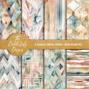 Boho geometrische digitale achtergronden - afdrukbaar scrapbookpapier - naadloze aquarel abstracte patronen - INSTANT DOWNLOAD - 8 JPEG-bestanden