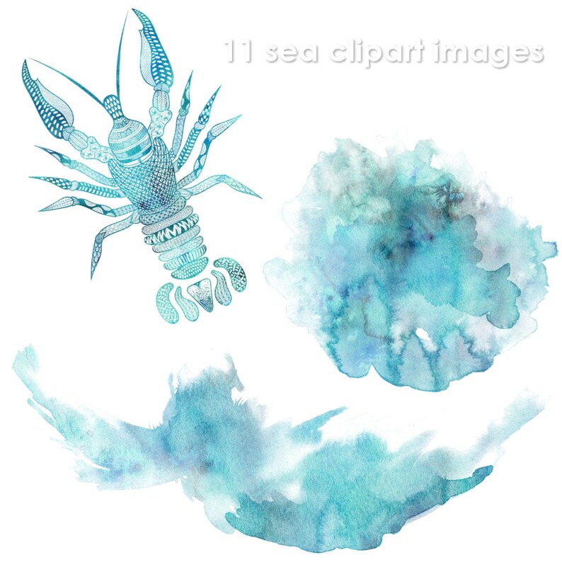 May include: A blue and white patterned crayfish illustration with two blue watercolor splotches in the background. 11 sea clipart images.