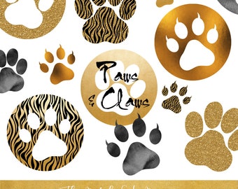 Gold Glitter Animal Paw Prints Clipart Set (INSTANT DOWNLOAD)