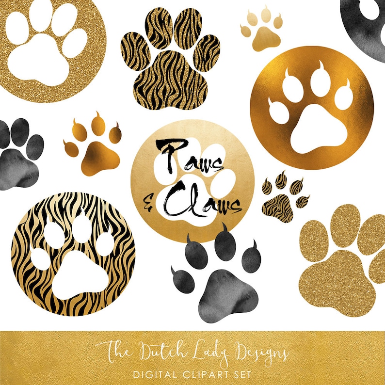 Paws and claws clipart set in gold and glitter style. For the creative animal lover. For personal and commercial use. Set of 20 PNG files.