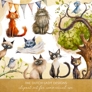 Lindo gato clipart - gráfico de estilo de ilustración para niños - dibujos animados de acuarela gatos siameses y de pelo largo - DESCARGA INSTANTE - 25 imágenes digitales