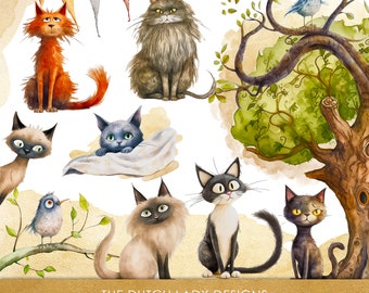 Lindo gato clipart - gráfico de estilo de ilustración para niños - dibujos animados de acuarela gatos siameses y de pelo largo - DESCARGA INSTANTE - 25 imágenes digitales