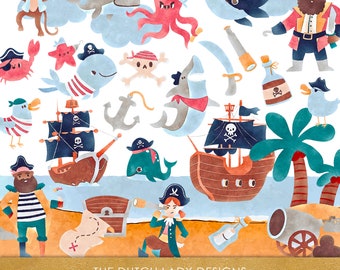 Pirate Clipart Set: Watercolor Sea Animals & Ship Graphics (Digital Download)